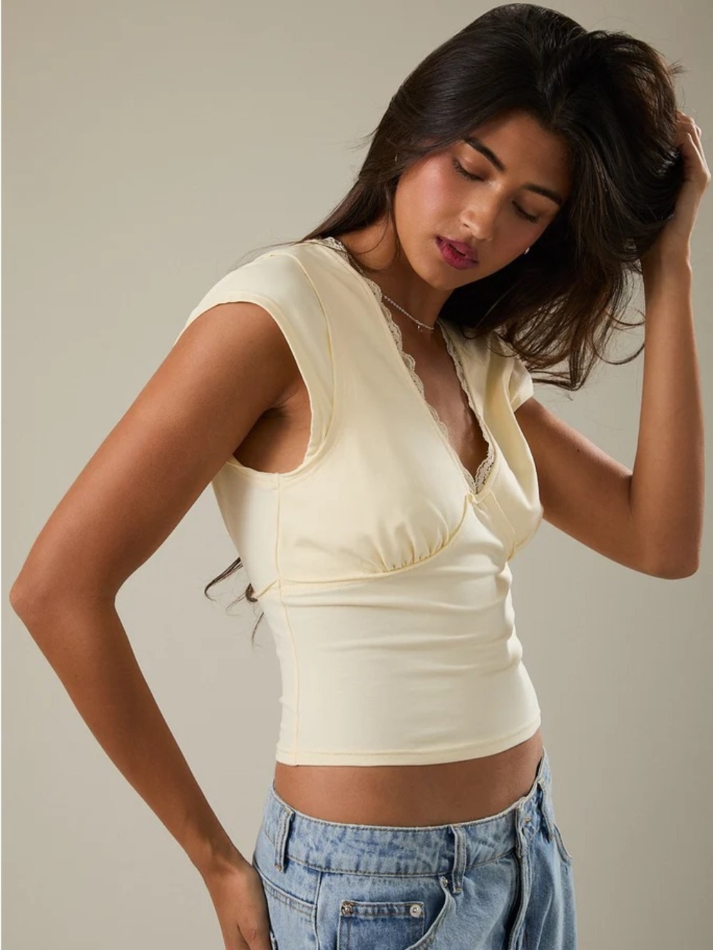 Le Lis Butter Yellow Cream Cap-Sleeve V-Neck Crop Top